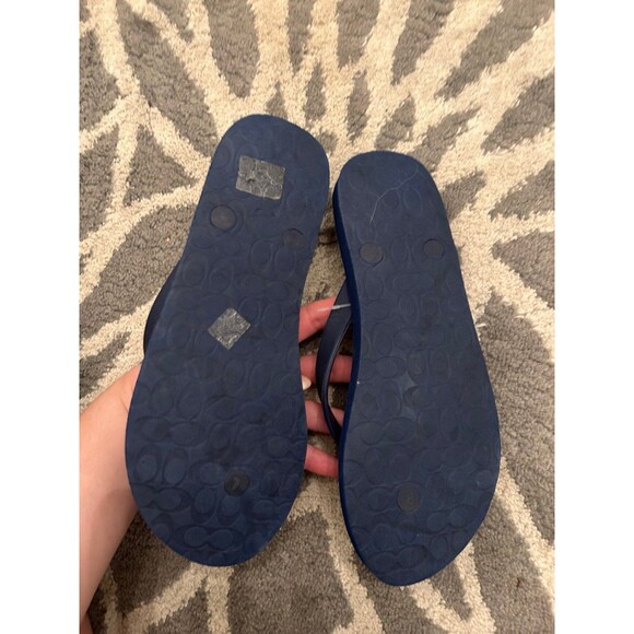 Navy and Cream Monogram C Coach Flip Flops with Silver Bow - Picture 5 of 6